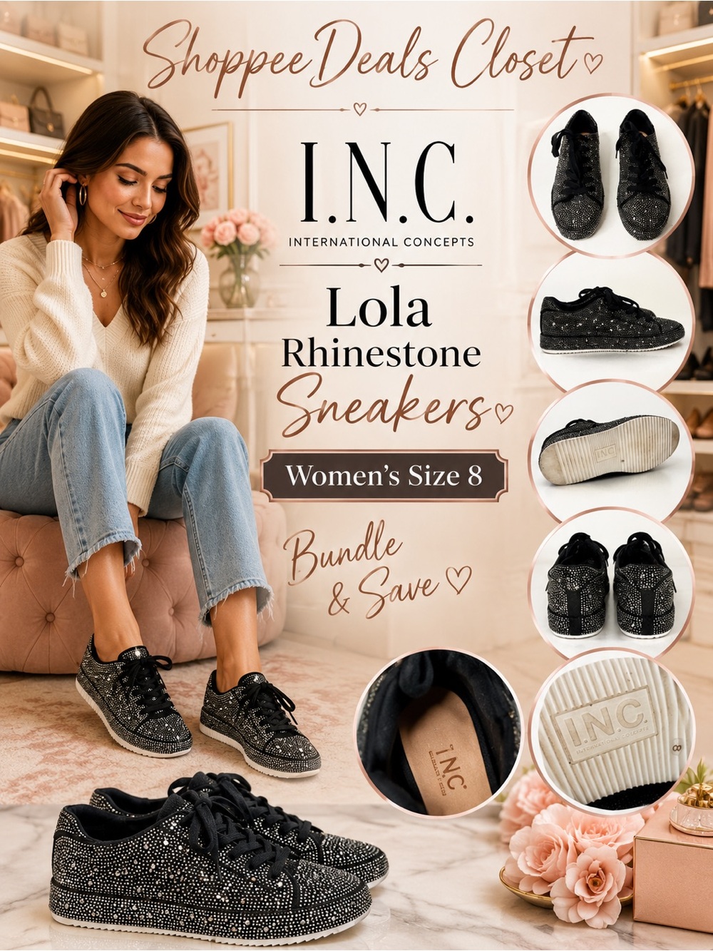 I.N.C. International Concepts Lola Rhinestone Sneakers Black Women’s Size 8